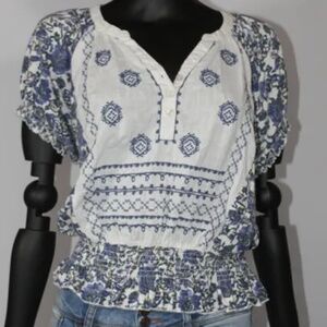 Vintage America Floral Print Short Sleeve Peasant Top, S